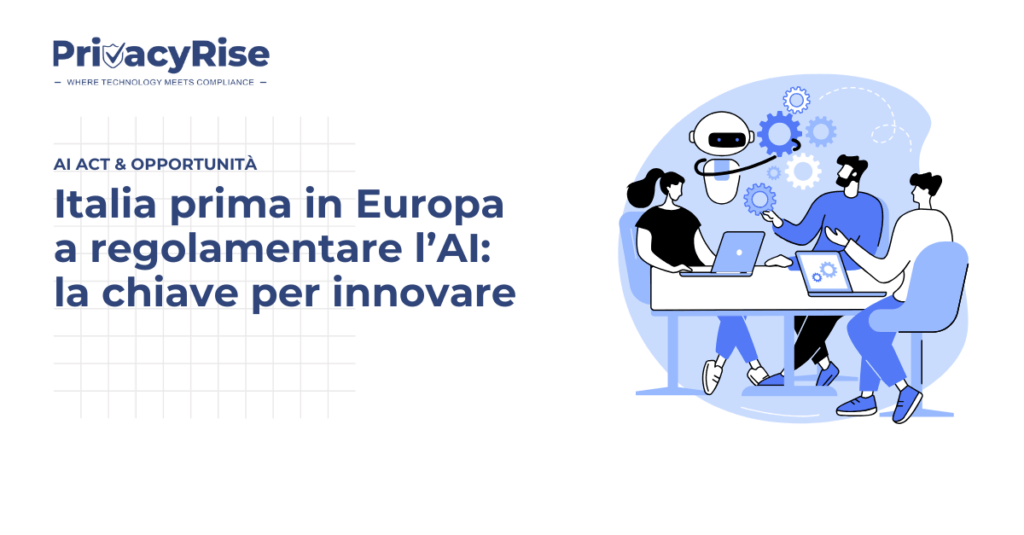 Illustrazione di un team che collabora con un robot umanoide, simbolo della regolamentazione dell’intelligenza artificiale e dell’innovazione tecnologica in Italia.