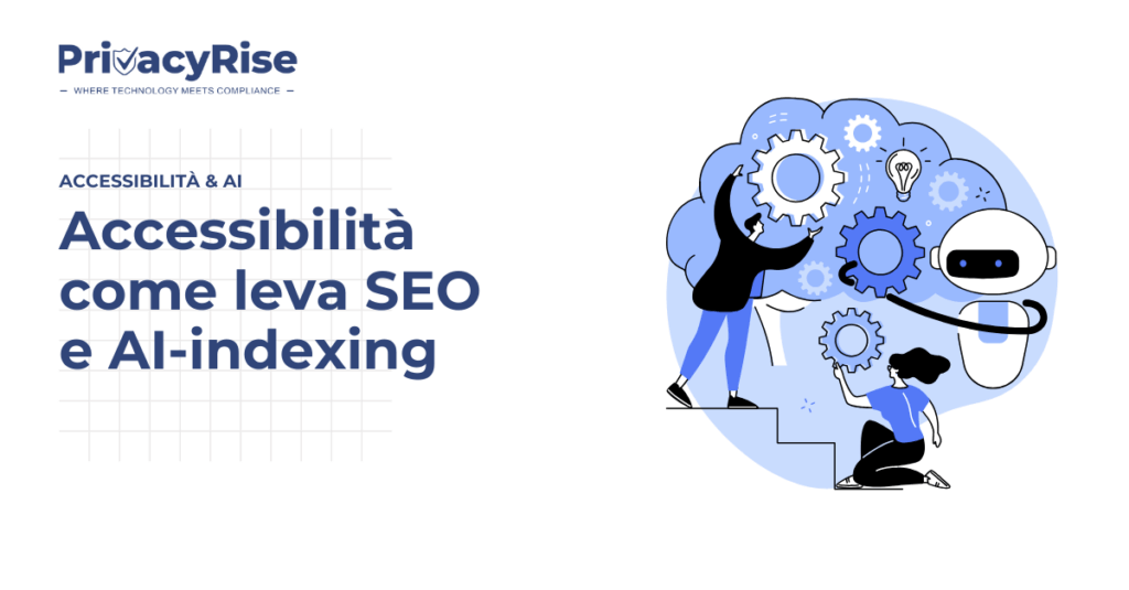 Illustrazione di due persone e un robot che collaborano per assemblare ingranaggi all’interno di un cervello stilizzato, simbolo di intelligenza artificiale e ottimizzazione SEO.