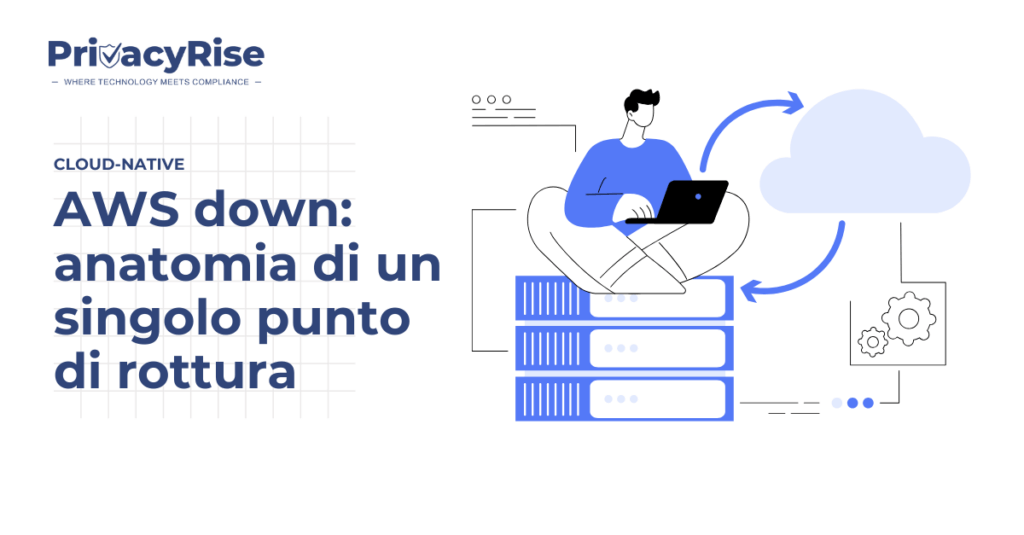 Illustrazione di una persona seduta su server mentre lavora al laptop, connessa a una nuvola tramite frecce, a rappresentare il cloud computing e la vulnerabilità di un punto di rottura unico.