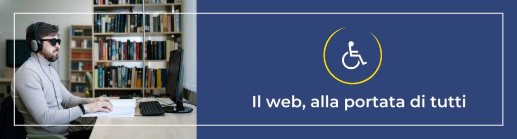 Uomo non vedente utilizza un computer con cuffie e lettore braille.