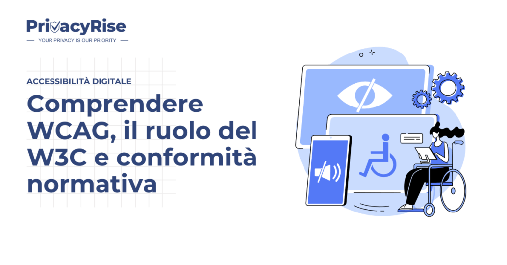 Illustrazione di una donna in sedia a rotelle che utilizza un laptop, circondata da icone digitali che rappresentano l’accessibilità visiva, uditiva e motoria, simbolo della conformità agli standard WCAG.