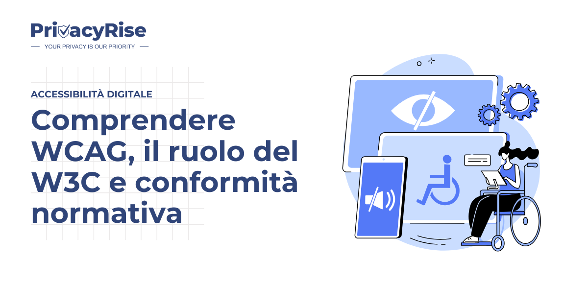 Illustrazione di una donna in sedia a rotelle che utilizza un laptop, circondata da icone digitali che rappresentano l’accessibilità visiva, uditiva e motoria, simbolo della conformità agli standard WCAG.
