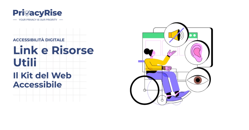 Illustrazione di una persona in sedia a rotelle che interagisce con una schermata web, circondata da icone di accessibilità visiva, uditiva e motoria, rappresentando le risorse per un web accessibile.
