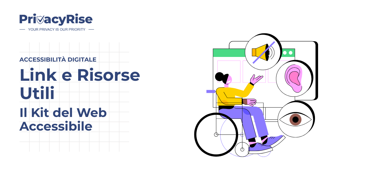 Illustrazione di una persona in sedia a rotelle che interagisce con una schermata web, circondata da icone di accessibilità visiva, uditiva e motoria, rappresentando le risorse per un web accessibile.