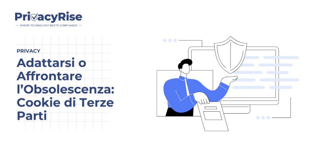 Illustrazione di un uomo davanti a uno schermo con un’icona di scudo, simbolo della protezione dei dati e della transizione dai cookie di terze parti.