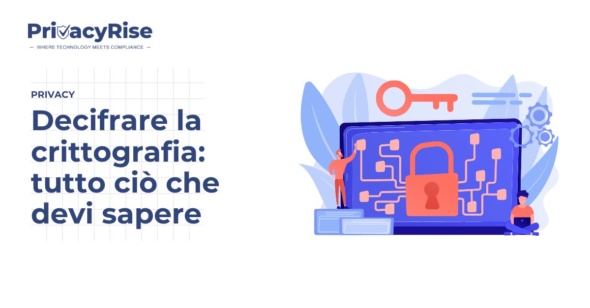 Illustrazione di due persone che lavorano davanti a un grande schermo con un lucchetto e una chiave, simbolo della crittografia e della sicurezza dei dati.