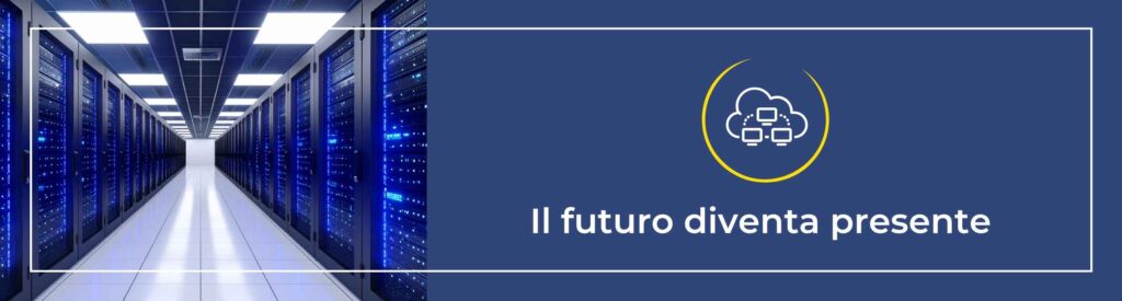 Data center con server blu illuminati.