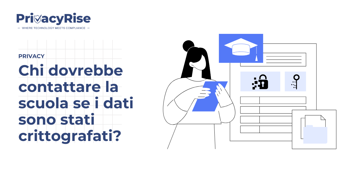 Illustrazione di una donna che tiene un tablet davanti a documenti con icone di lucchetto e chiave, simbolo di dati crittografati e sicurezza informatica nel settore scolastico.