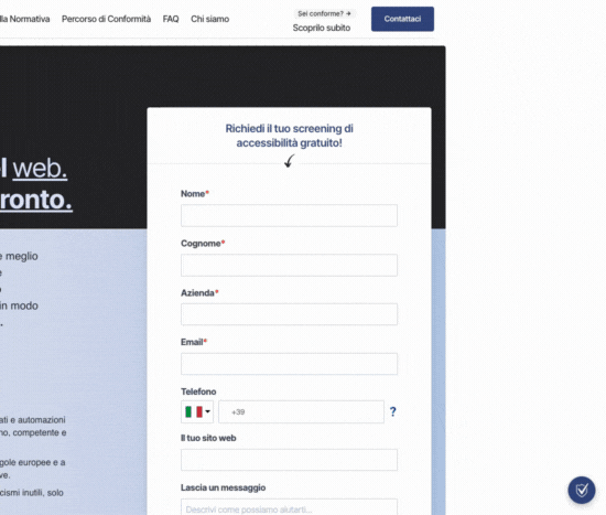 Dimostrazione del widget “Accessibility Assistant” che migliora l’accessibilità del sito, consentendo agli utenti di personalizzare la navigazione in base alle proprie esigenze.