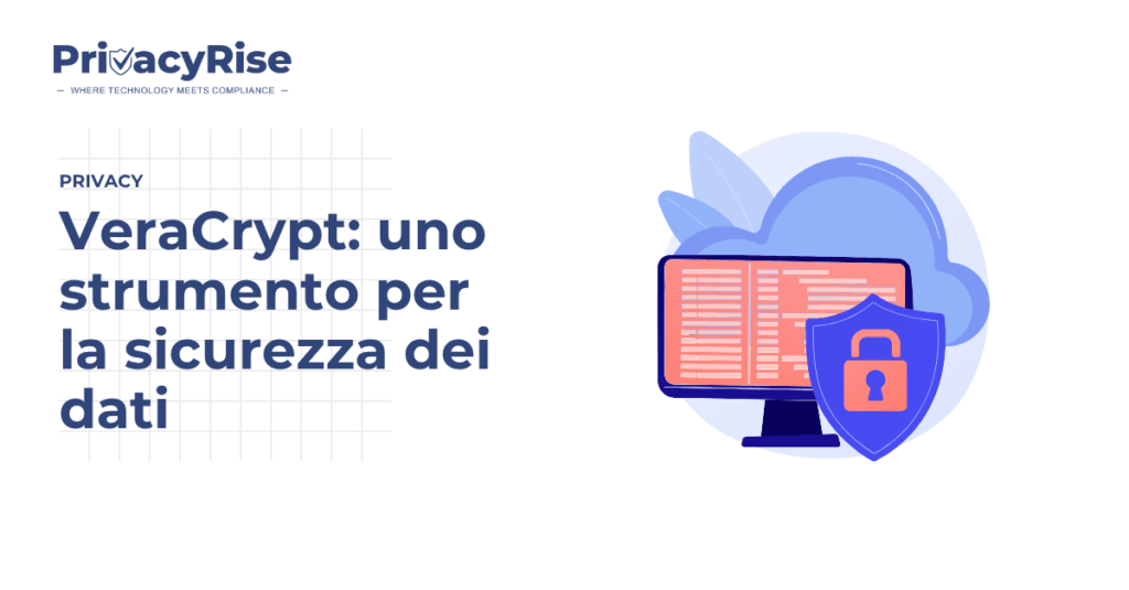 Illustrazione di un computer con uno schermo arancione e un’icona di lucchetto su uno scudo, simbolo della protezione dei dati e della crittografia con VeraCrypt.