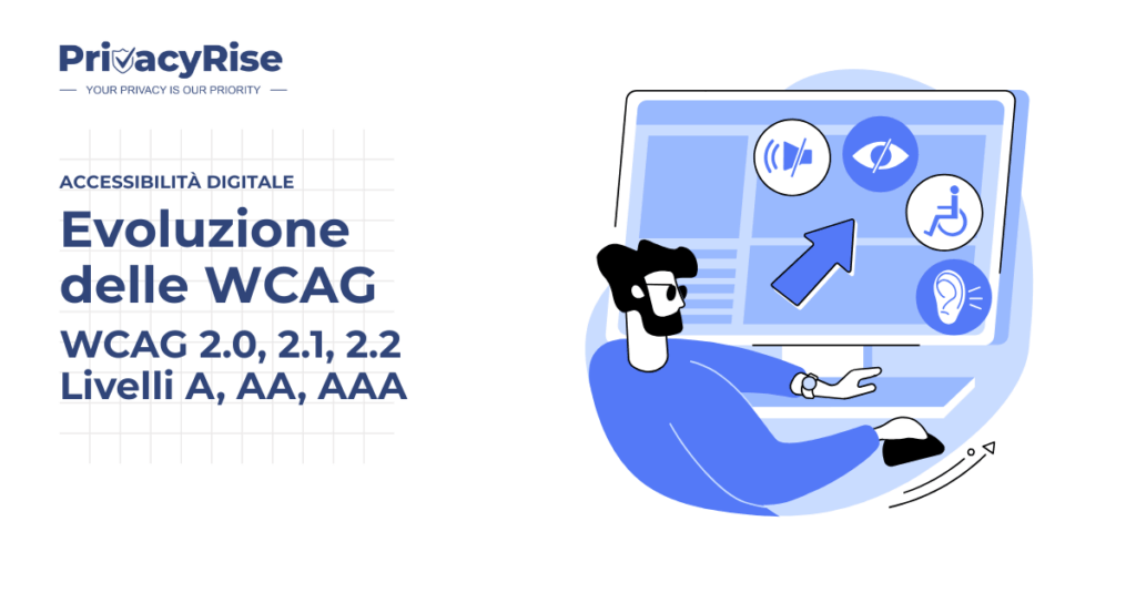 Illustrazione di un uomo che interagisce con un grande schermo contenente icone per l’accessibilità visiva, uditiva e motoria, rappresentando l’evoluzione degli standard WCAG.