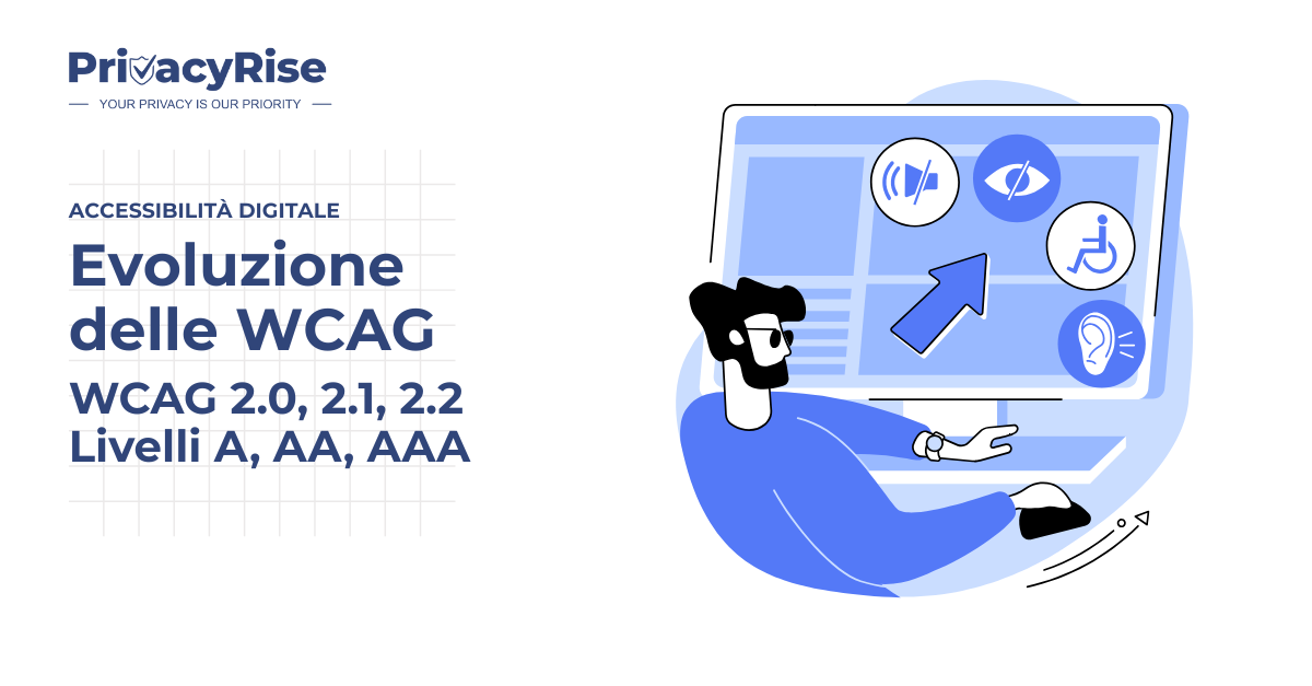 Illustrazione di un uomo che interagisce con un grande schermo contenente icone per l’accessibilità visiva, uditiva e motoria, rappresentando l’evoluzione degli standard WCAG.